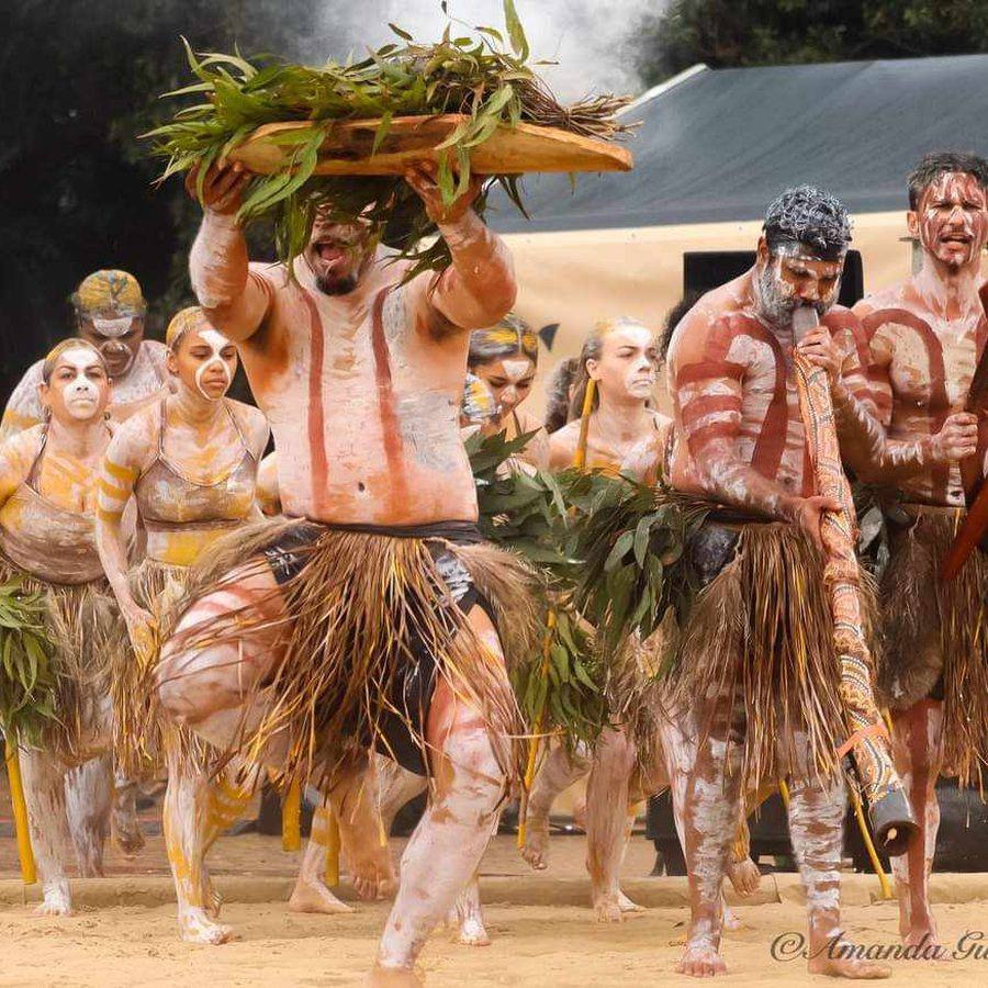 Dancers moving together during a ceremony, one carrying a coolamon of leaves